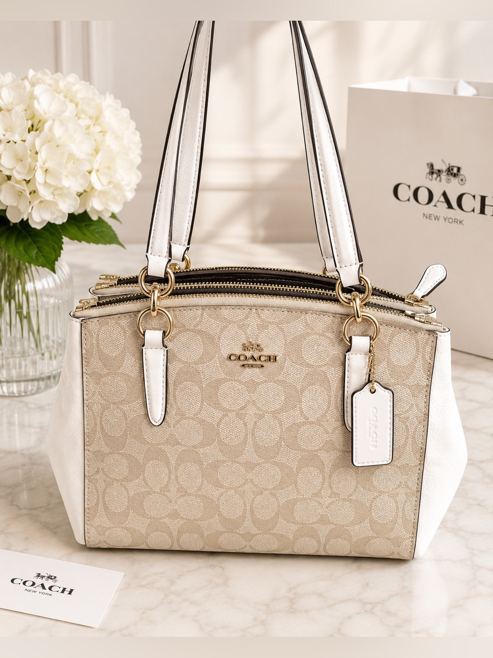 Coach Beige Signature Canvas and White Leather Shoulder Bag with Wallet